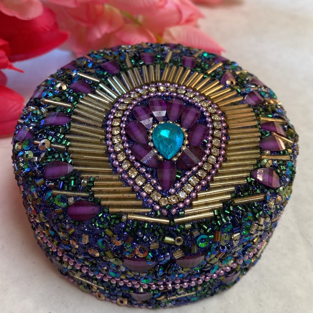 Beaded Peacock Round Jewelry Box - Picture 6 of 6